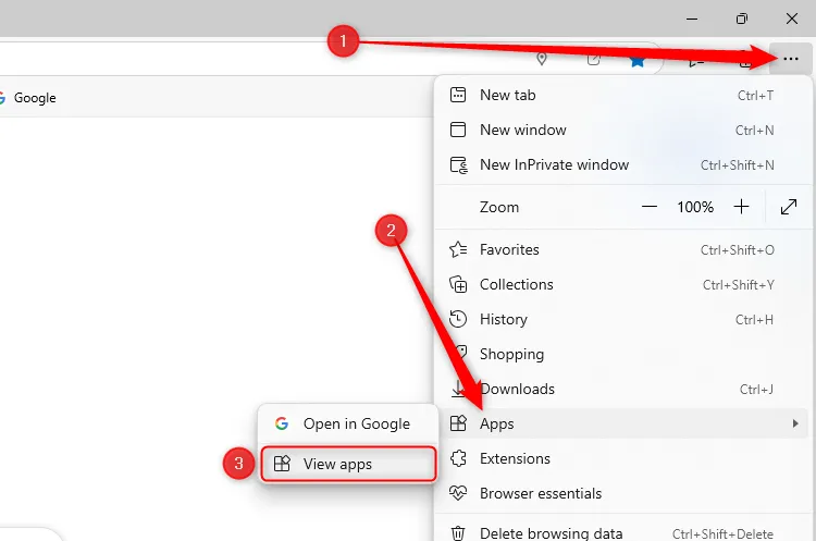 Menu ba chấm trong Microsoft Edge được mở rộng, tùy chọn Xem ứng dụng được chọn qua menu con Ứng dụng.