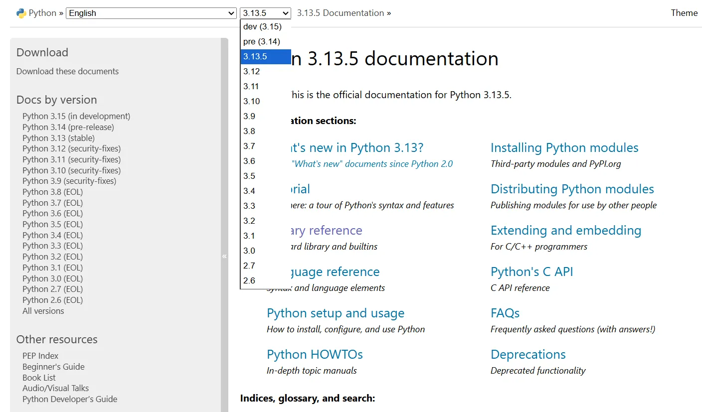 Menu chọn phiên bản trong tài liệu Python trực tuyến, minh họa khả năng truy cập các phiên bản tài liệu cũ