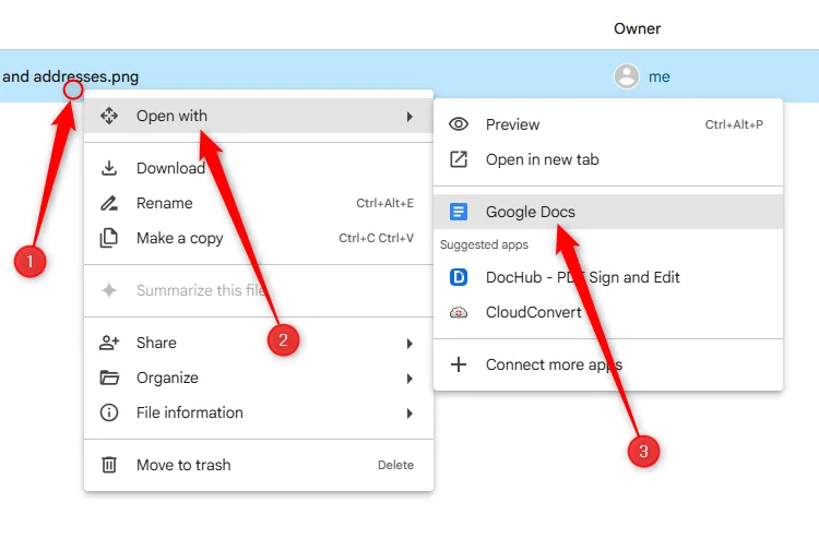 Menu chuột phải trên một tệp ảnh trong Google Drive, với tùy chọn &quot;Mở bằng&quot; và &quot;Google Tài liệu&quot; được chọn.