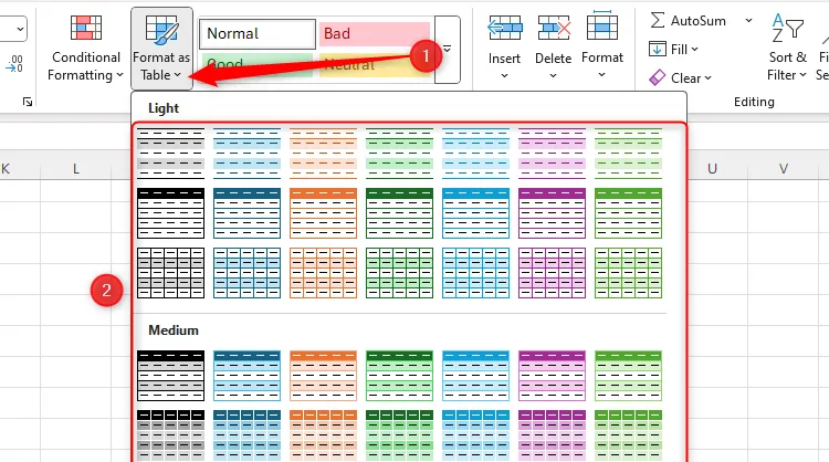 Menu &quot;Format As Table&quot; trong Excel để định dạng bảng và thêm bộ lọc