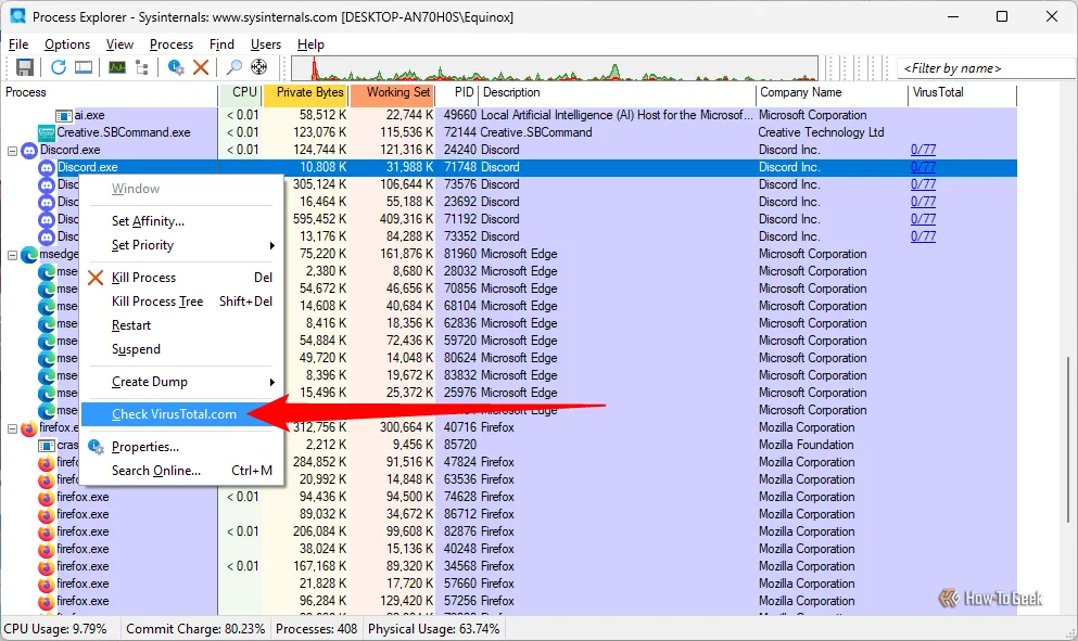 Menu ngữ cảnh trong Process Explorer với tùy chọn &quot;Check VirusTotal.com&quot; được chọn, minh họa cách quét file nghi ngờ mã độc.
