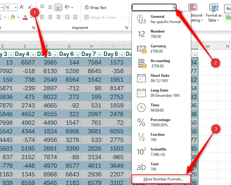 Menu thả xuống định dạng số trong Excel với tùy chọn &quot;More Number Formats&quot; được chọn để truy cập thêm thiết lập.