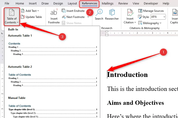 Menu thả xuống Table of Contents trong tab References của Microsoft Word, hiển thị các tùy chọn tạo mục lục