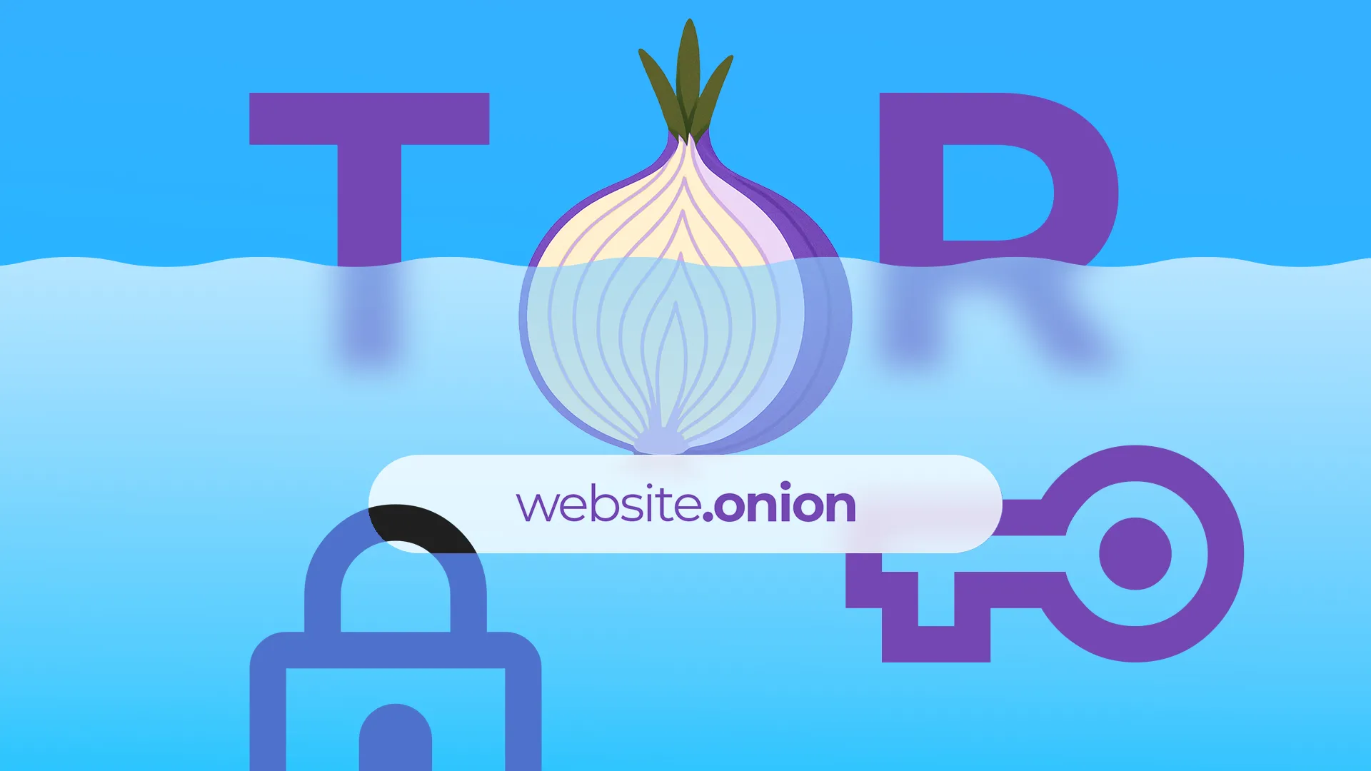 Minh họa logo củ hành đặc trưng của Tor cùng địa chỉ .onion trong thanh trình duyệt, biểu trưng cho quyền riêng tư và truy cập các dịch vụ ẩn.