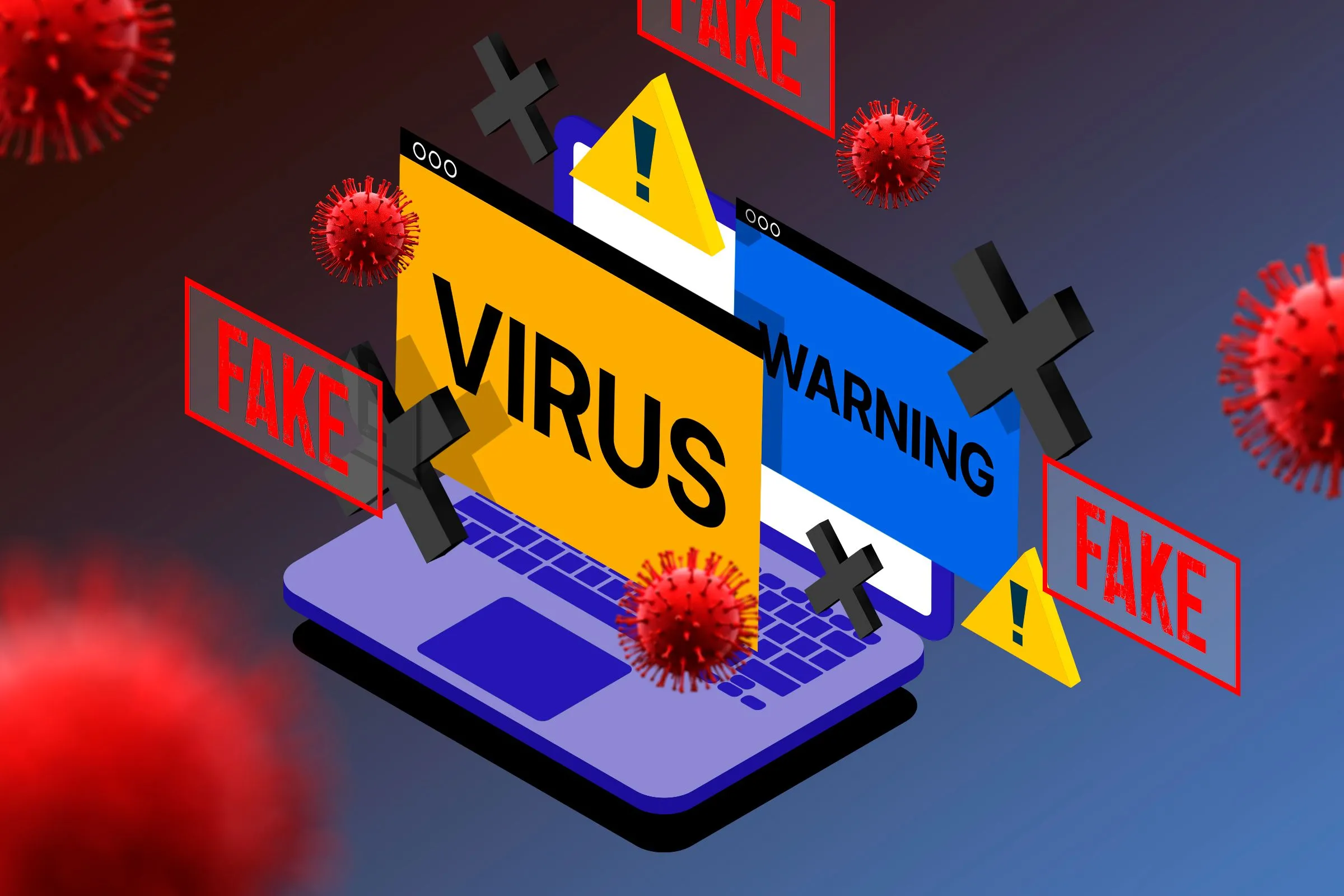 Minh họa một chiếc laptop với các biểu tượng cảnh báo, mối nguy hiểm và virus xung quanh, tượng trưng cho rủi ro bảo mật tiềm ẩn khi vô hiệu hóa Secure Boot.