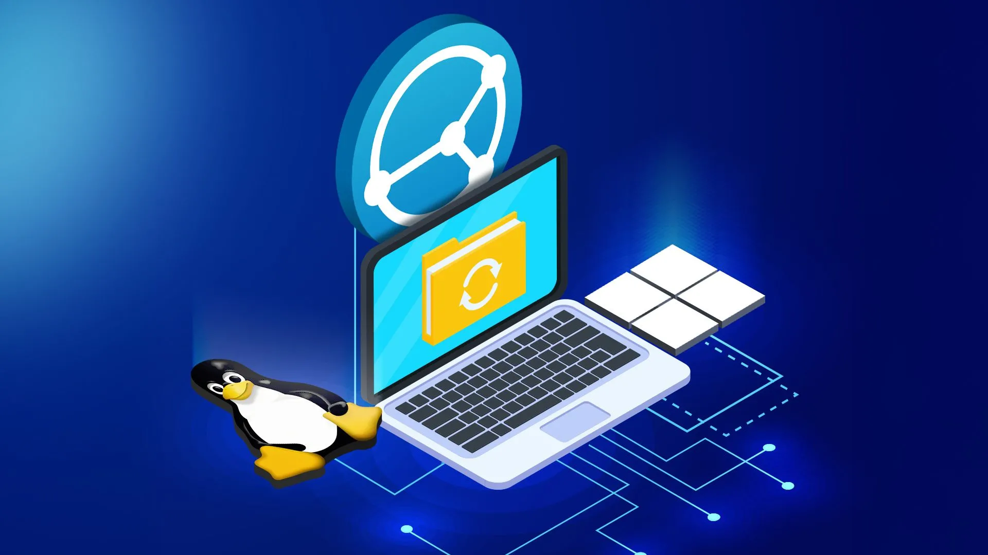 Một chiếc laptop kết nối biểu tượng Syncthing, Windows và Linux, minh họa việc đồng bộ hóa tệp tin tự động giữa các hệ điều hành khác nhau.