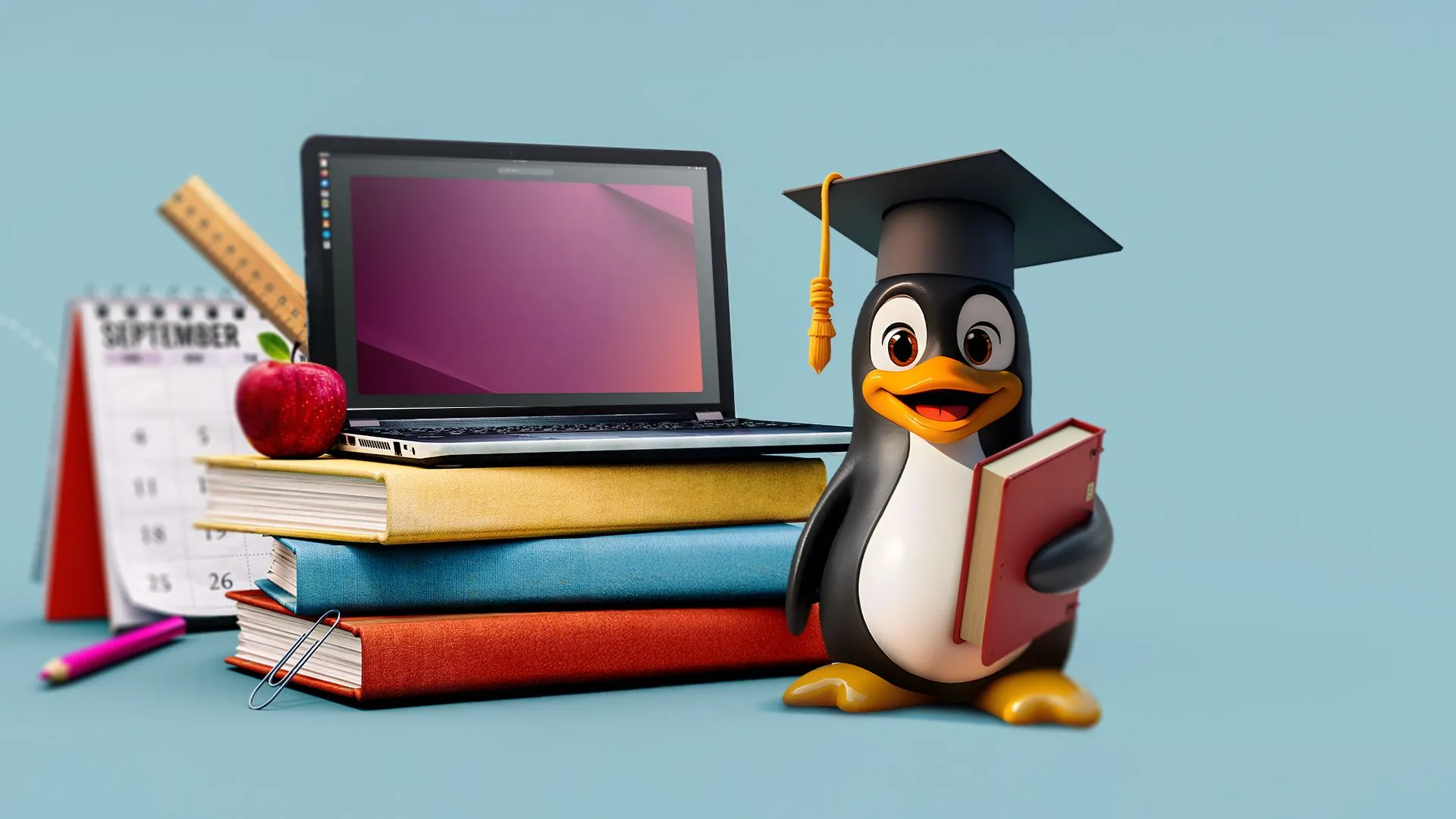 Một chiếc laptop và sách với linh vật Linux đội mũ tốt nghiệp, minh họa cho việc học sâu hơn về công nghệ và hệ điều hành.