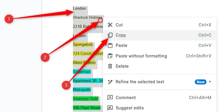 Một đoạn văn bản được bôi đen trong Google Tài liệu và tùy chọn &quot;Sao chép&quot; được chọn từ menu chuột phải.