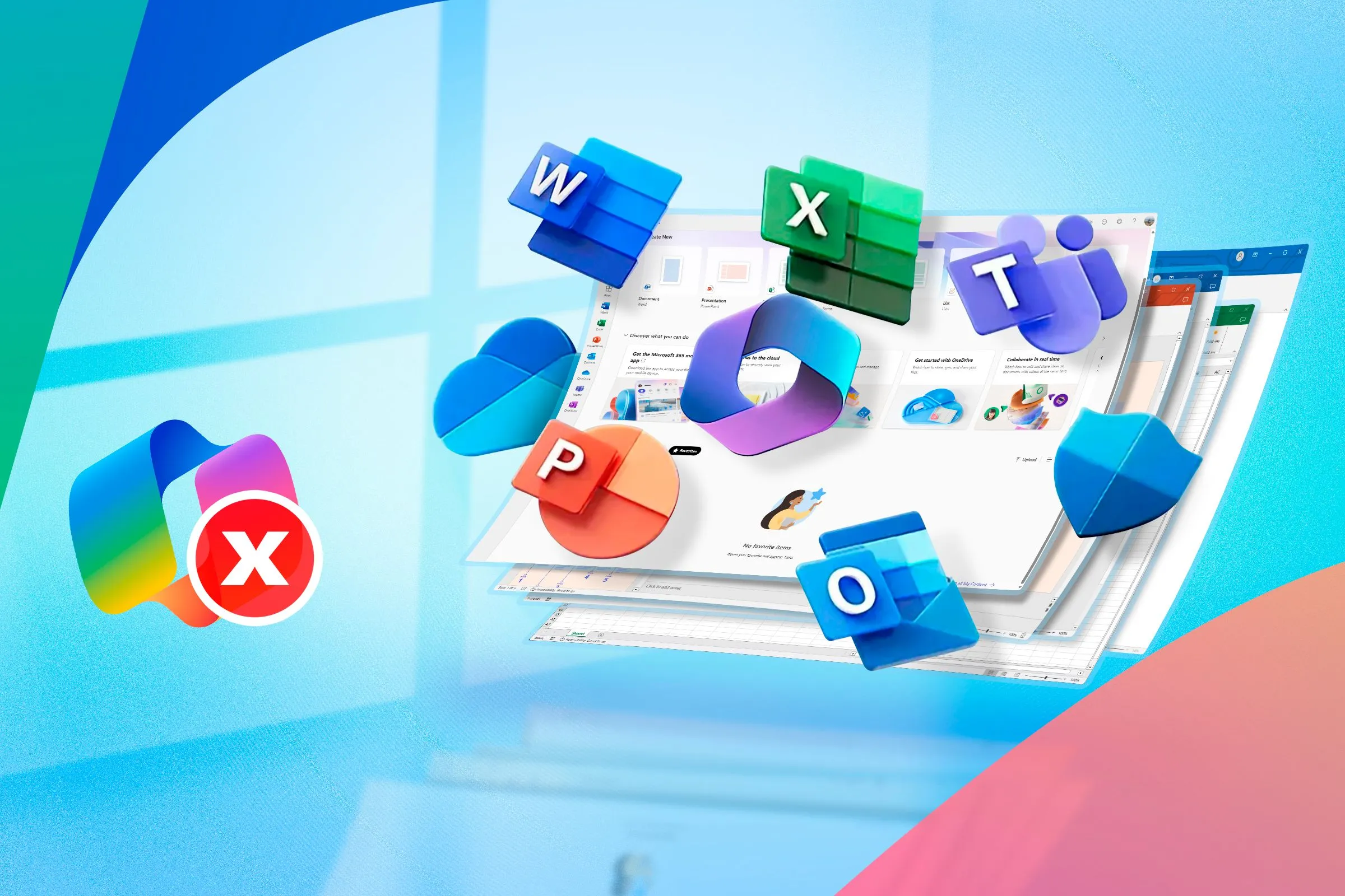 Một số màn hình và biểu tượng Microsoft 365 cùng với logo Copilot bị gạch chéo