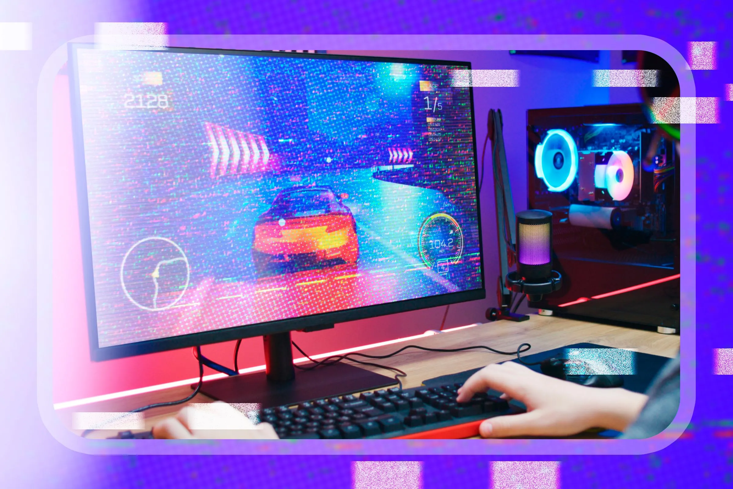 Người chơi game đua xe trên laptop với màn hình bị nhấp nháy, minh họa vấn đề có thể xảy ra khi sử dụng VRR
