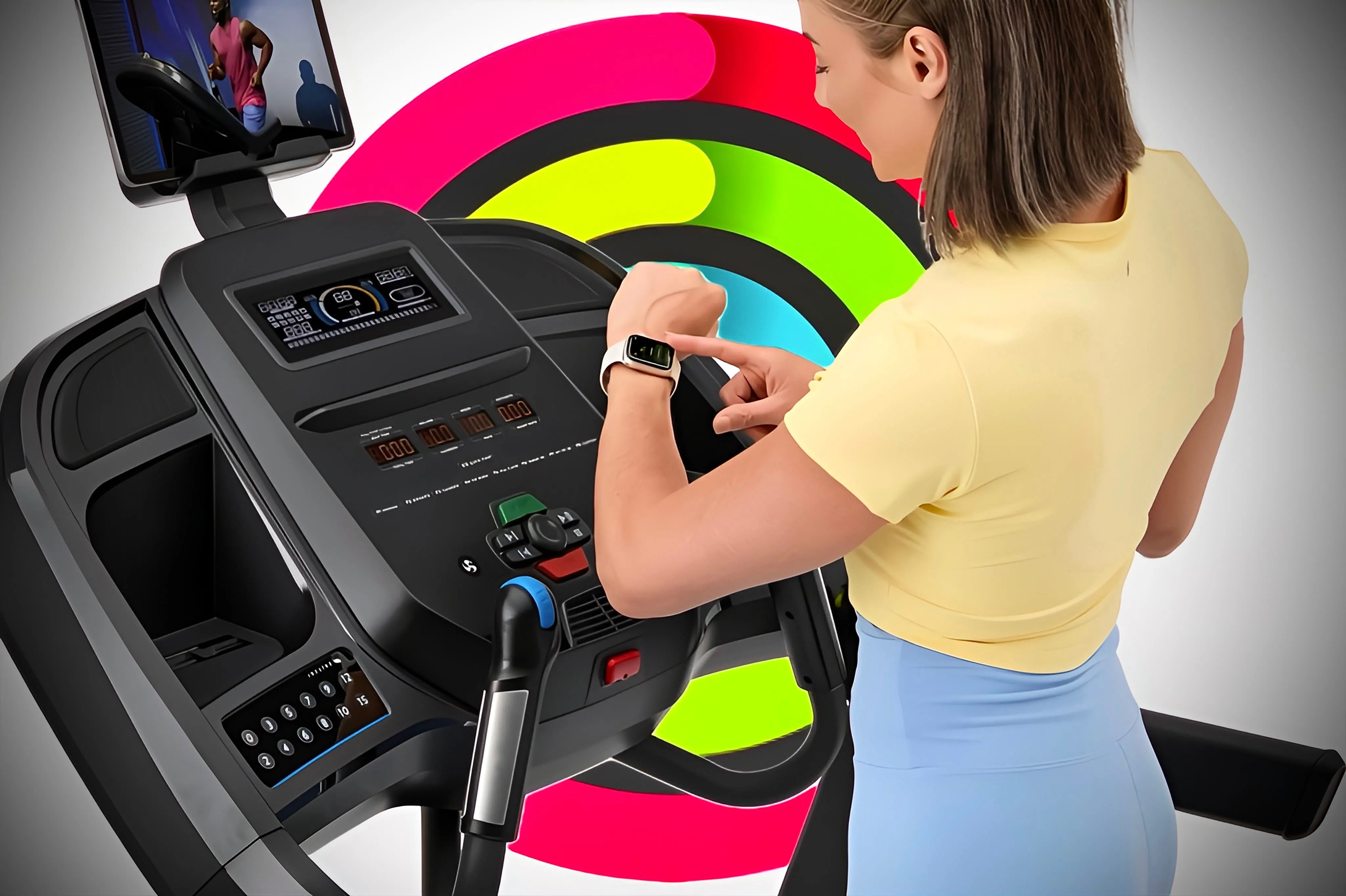 Người dùng đang xác nhận kết nối Apple Watch với máy chạy bộ thông qua tính năng GymKit