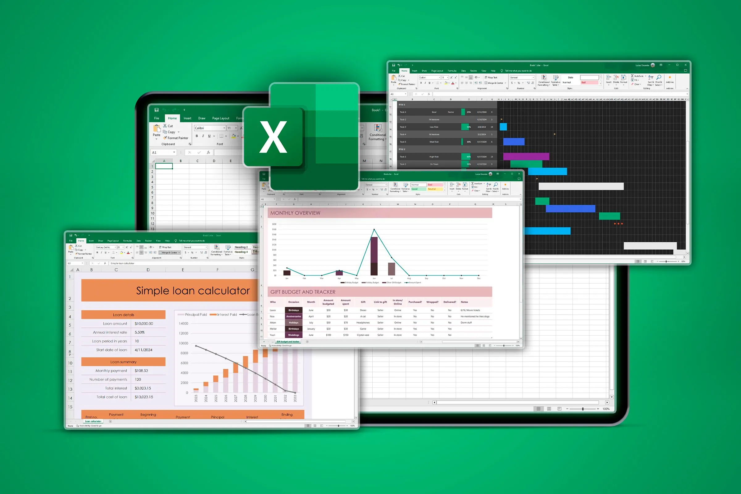 Nhiều màn hình Excel hiển thị các loại bảng tính khác nhau, minh họa sự đa dạng trong việc sử dụng ghi chú