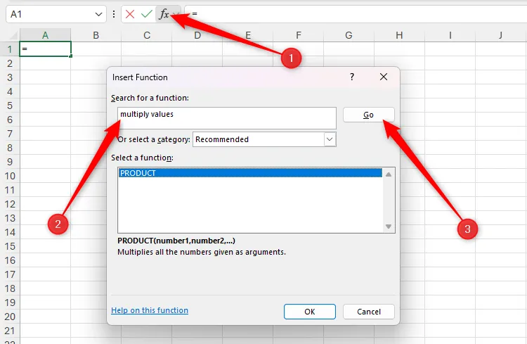 Nút chèn hàm được nhấp trong Microsoft Excel, từ khóa 'nhân các giá trị' được nhập vào trường tìm kiếm và nút tìm kiếm được chọn