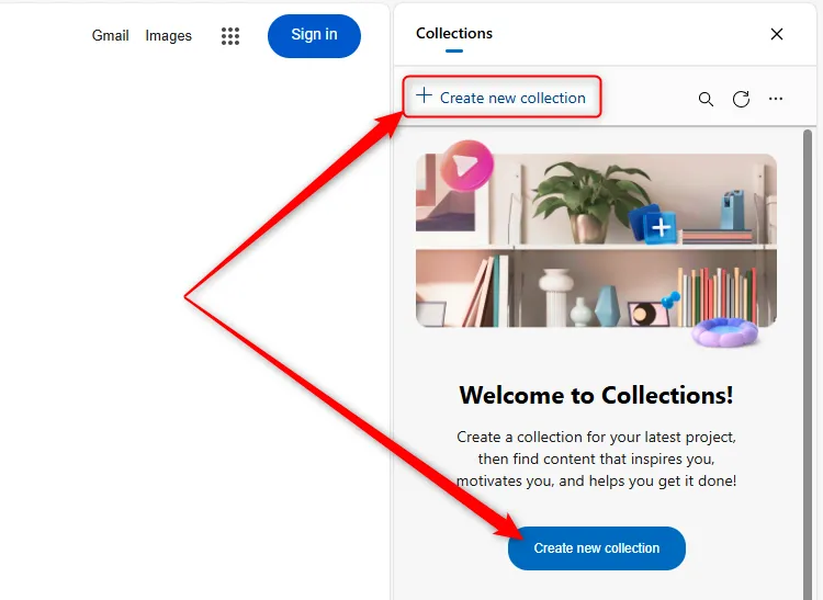 Nút Tạo Bộ sưu tập Mới trong Microsoft Edge.