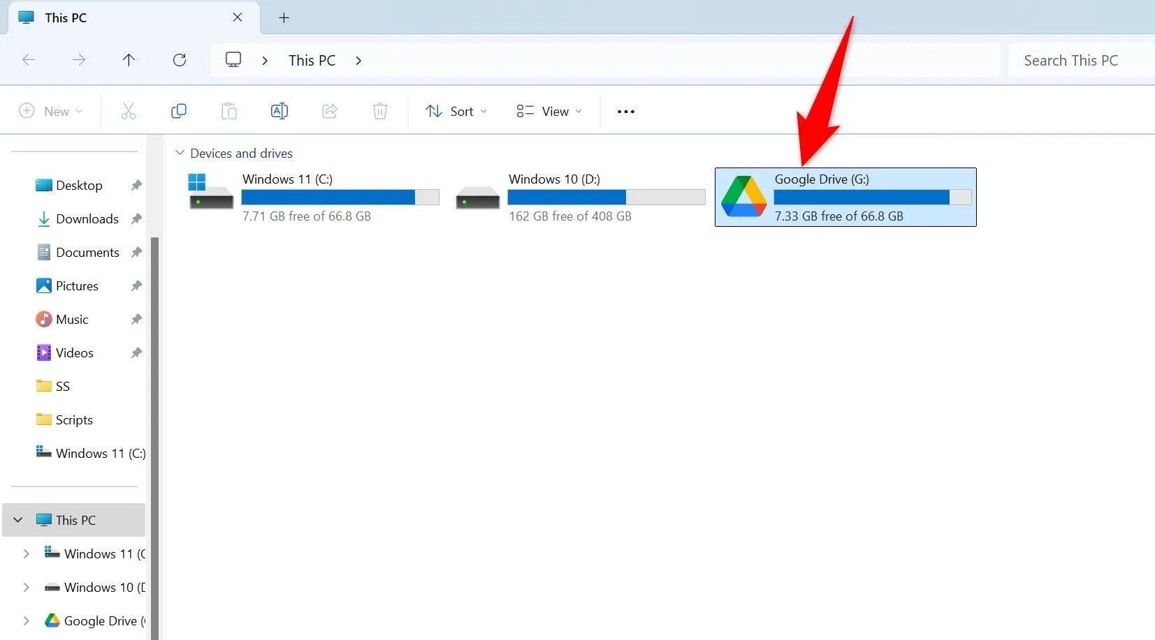 Ổ đĩa ảo Google Drive hiển thị trong File Explorer của Windows 11