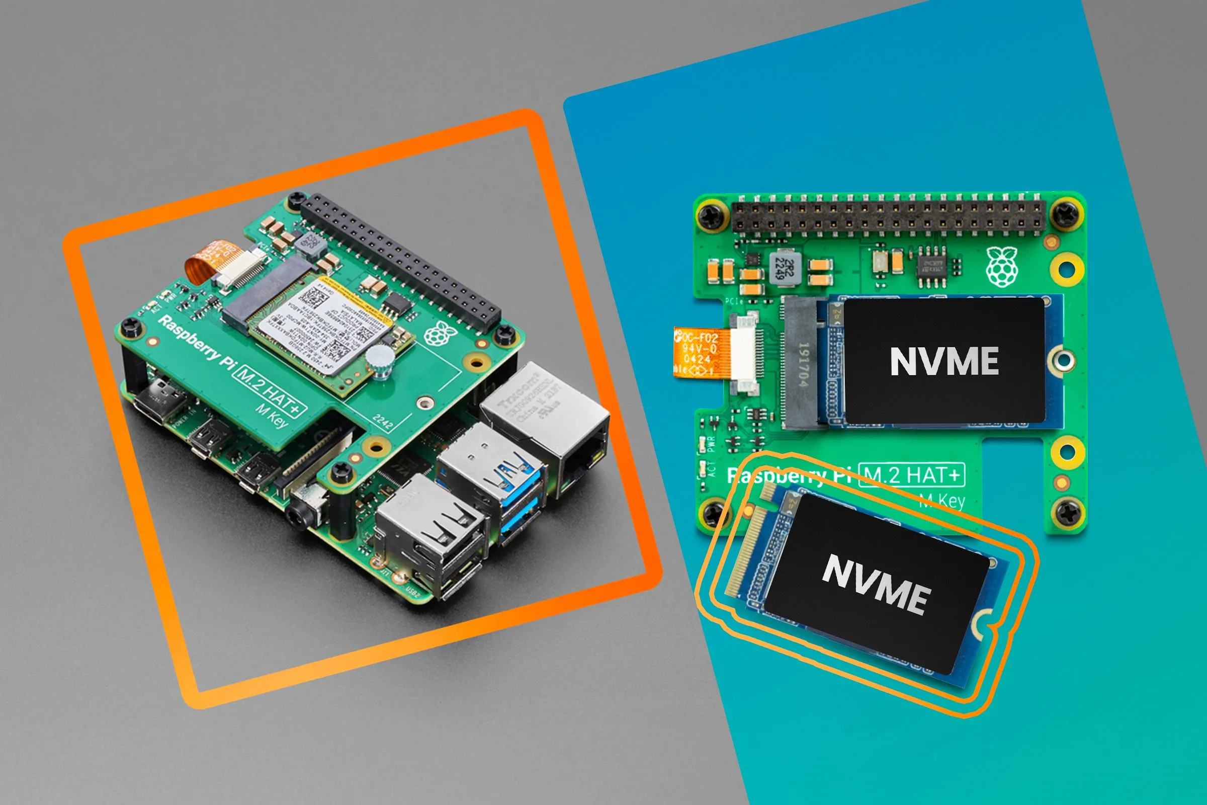 Raspberry Pi với SSD NVMe được làm nổi bật, minh họa giải pháp lưu trữ mở rộng cho các hệ thống nhỏ.