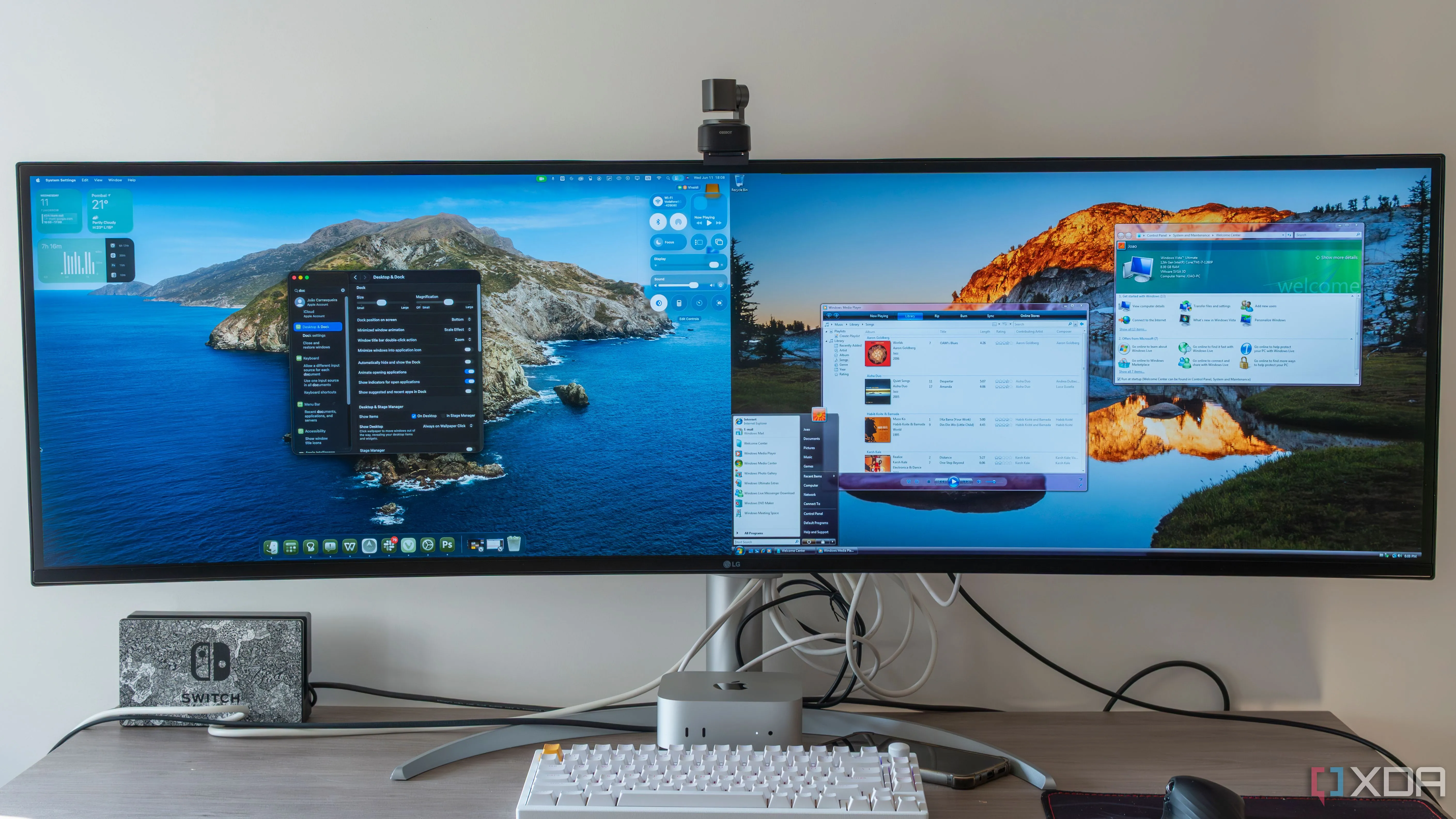 So sánh trực quan giao diện Liquid Glass của macOS Tahoe và Aero của Windows Vista trên màn hình siêu rộng.