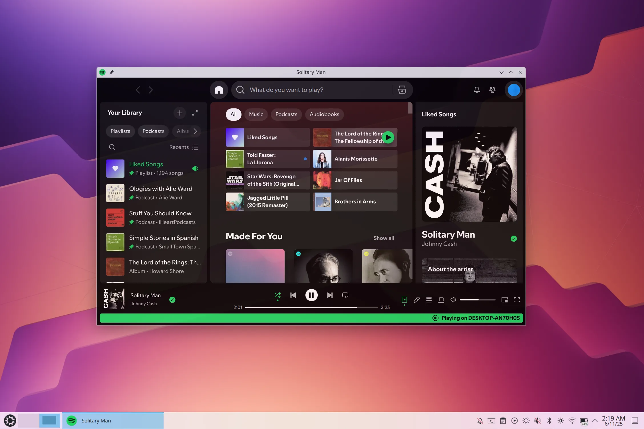 Spotify trên Kubuntu với một số bài nhạc hiển thị.