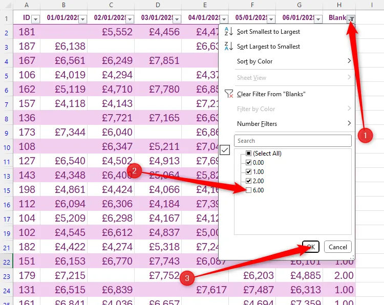 Sử dụng bộ lọc trên cột &quot;Blanks&quot; để ẩn các hàng có 6 ô trống trong Excel