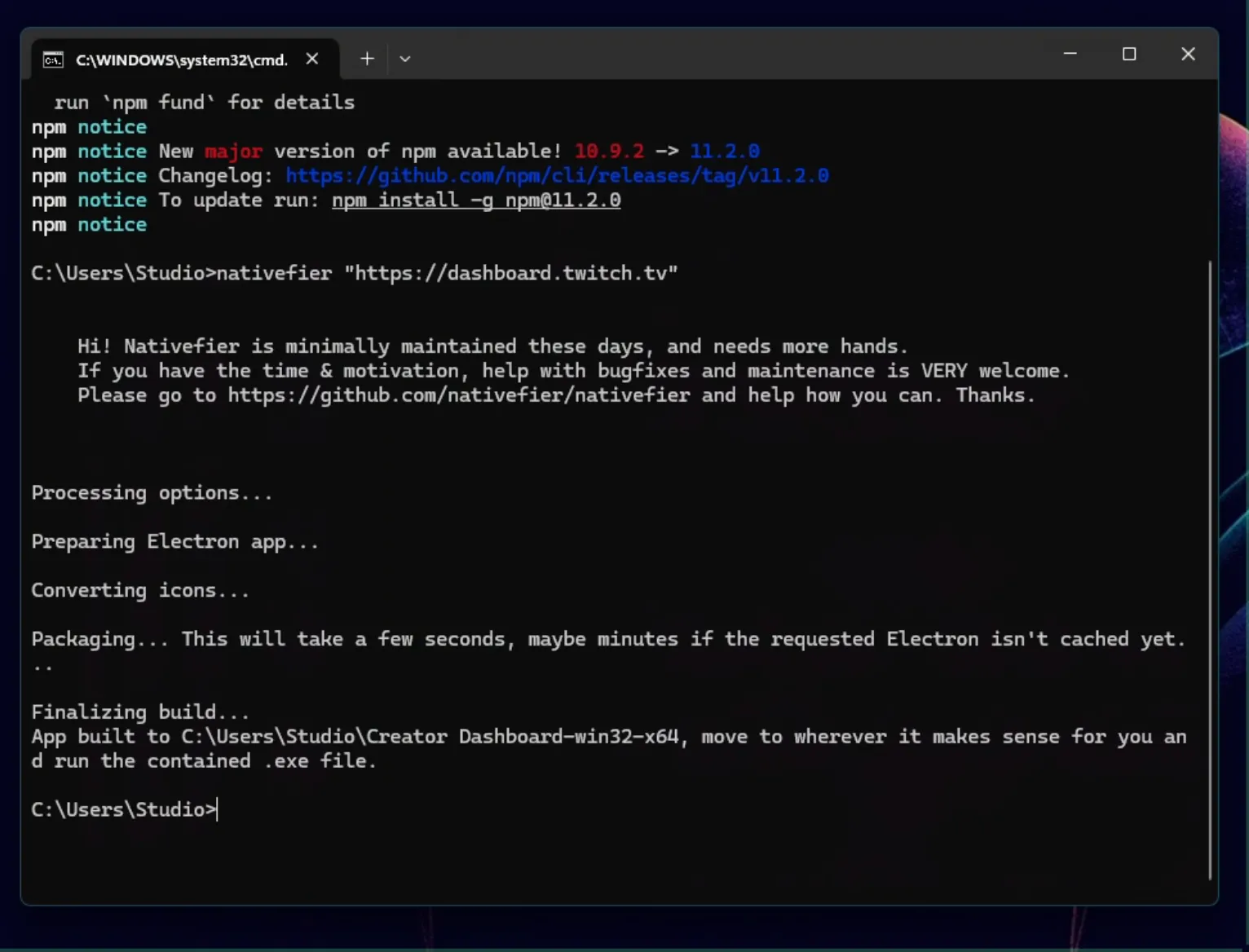 Sử dụng Nativefier để tạo ứng dụng Twitch Dashboard độc lập trên Windows.