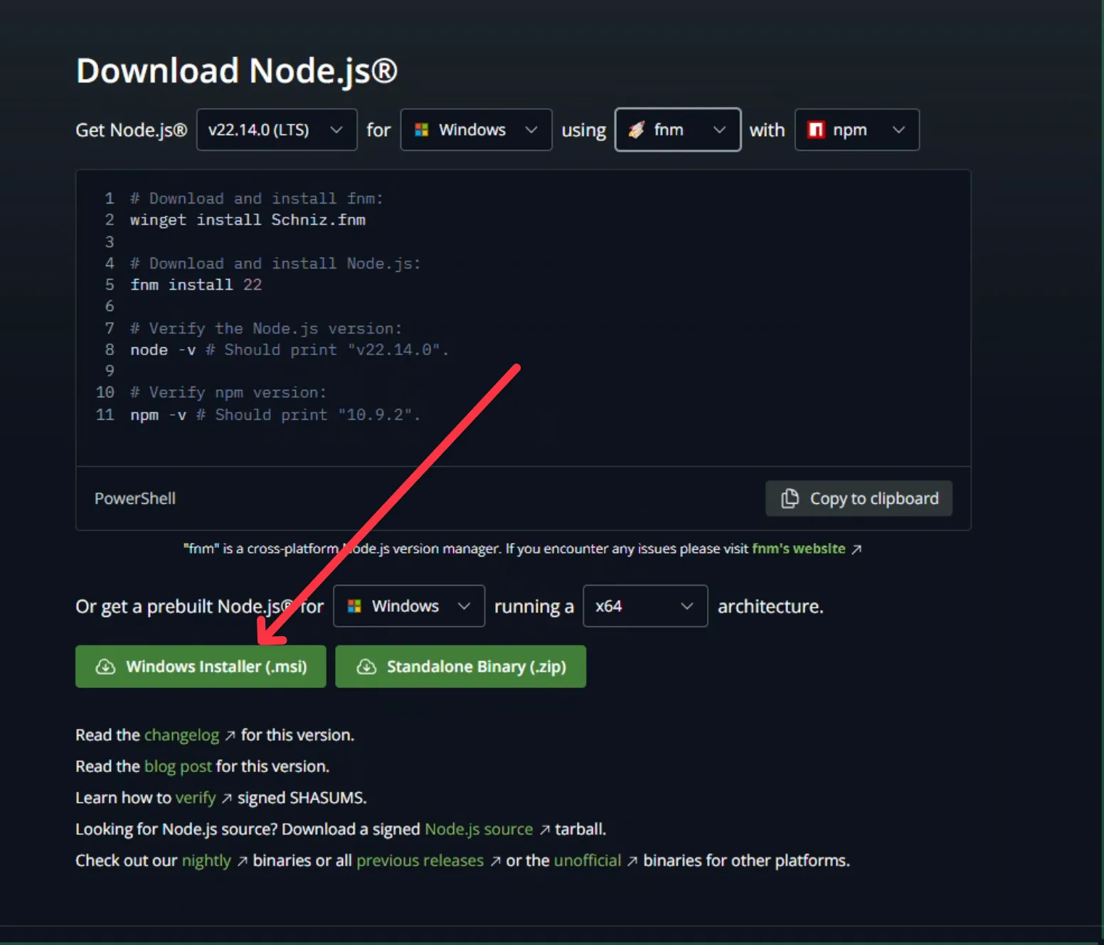 Tải xuống trình cài đặt Node.js chính thức cho Windows.