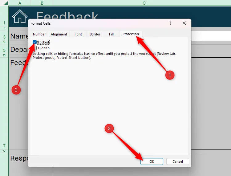 Tất cả ô trong bảng tính Excel được chọn, tùy chọn 'Locked' (Đã khóa) được đánh dấu trong thẻ Protection của hộp thoại Format Cells