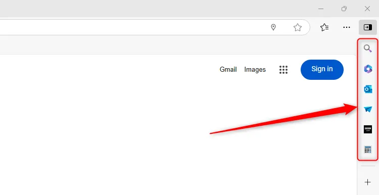 Thanh bên của Microsoft Edge hiển thị nhiều ứng dụng và trang web đã được thêm.