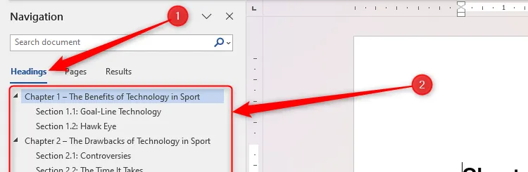 Thanh điều hướng (Navigation Pane) của Microsoft Word hiển thị các tiêu đề (Headings) đã được áp dụng, giúp di chuyển nhanh qua các phần