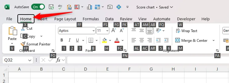Thanh Ribbon trong Excel với các tùy chọn phím Alt được kích hoạt, hiển thị các chữ cái để truy cập nhanh các tab và lệnh.