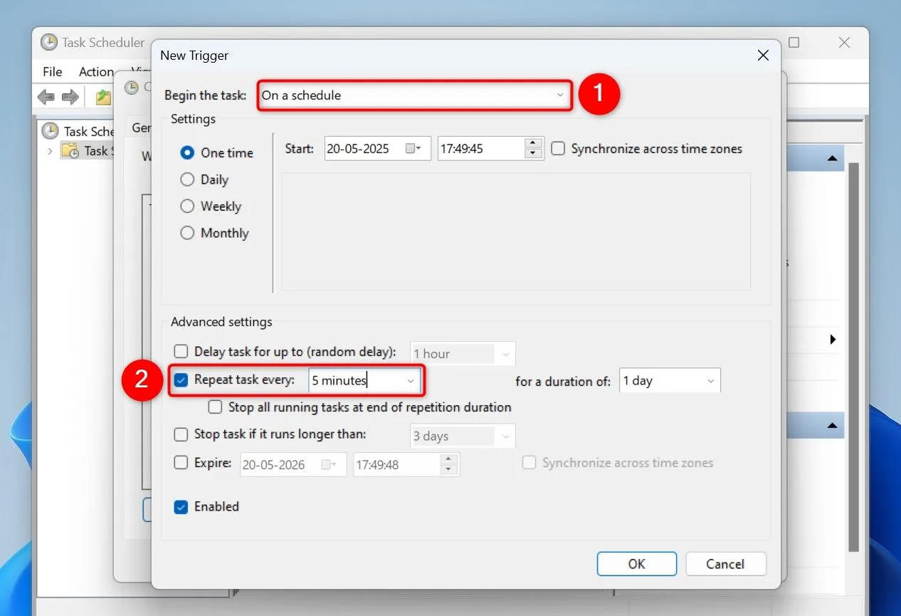 Thiết lập tần suất lặp lại tác vụ kiểm tra pin trong Task Scheduler