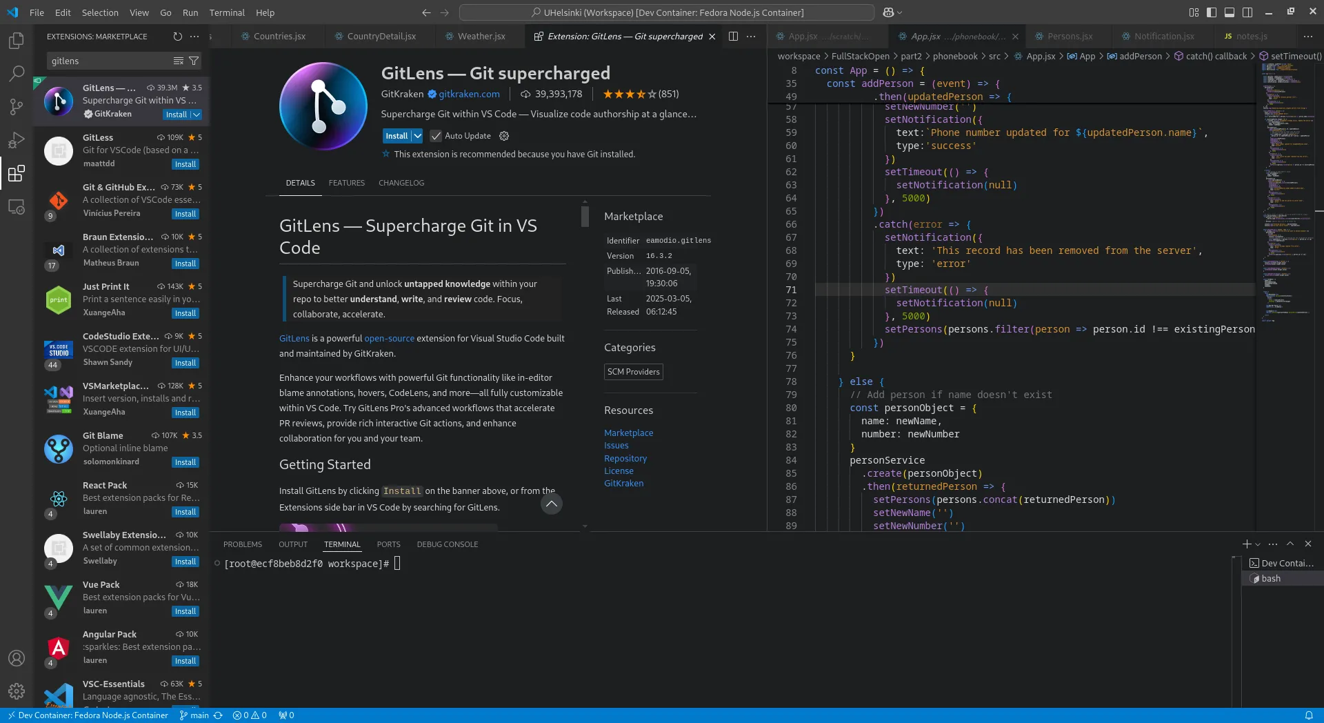 Thông tin về tiện ích GitLens trong VS Code, cung cấp cái nhìn sâu sắc về lịch sử Git, chú thích blame và thông tin kho lưu trữ.