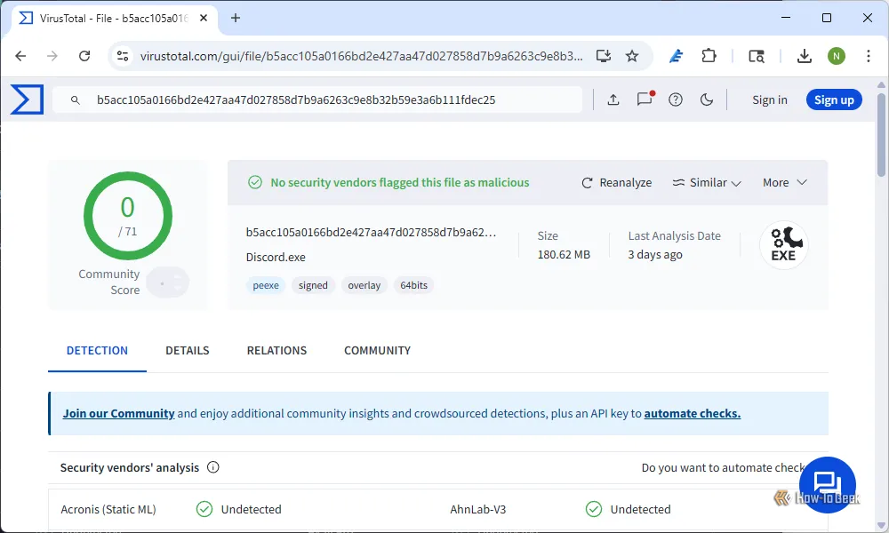 Trang kết quả chi tiết của VirusTotal sau khi phân tích một file, hiển thị báo cáo từ nhiều công cụ chống virus.