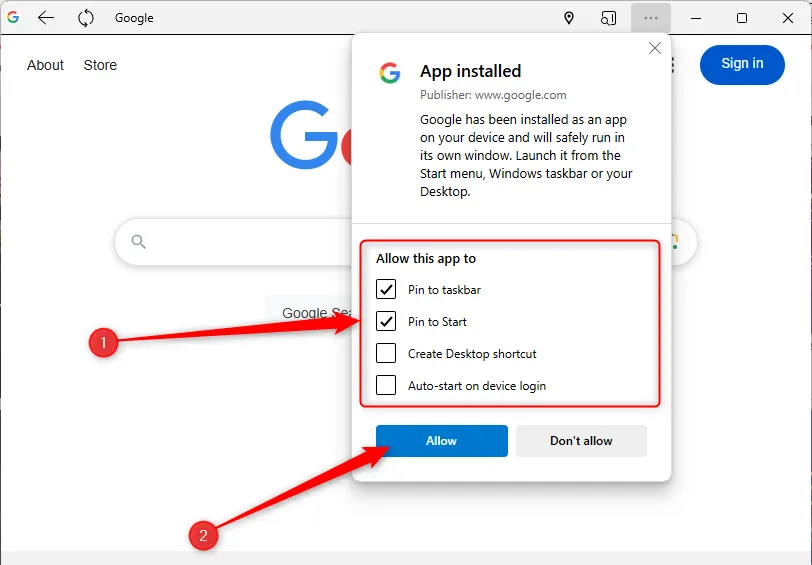 Trang web Google được tải xuống dưới dạng ứng dụng, hiển thị các tùy chọn để hiển thị ứng dụng ở các vị trí và tình huống khác nhau.