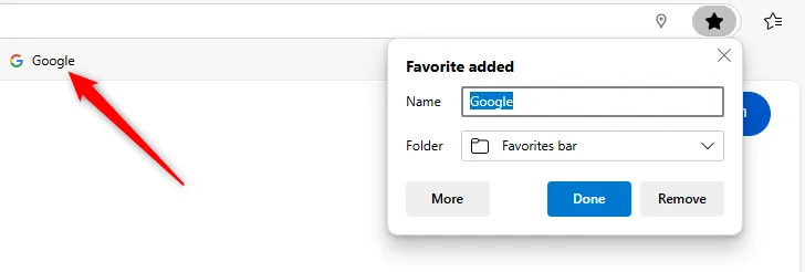 Trang web Google được thêm vào thanh Favorites của Microsoft Edge.