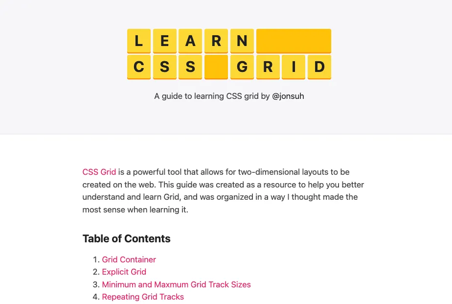 Trang web Learn CSS Grid với phần giới thiệu ngắn và mục lục các phần bao gồm Grid Container và Explicit Grid.