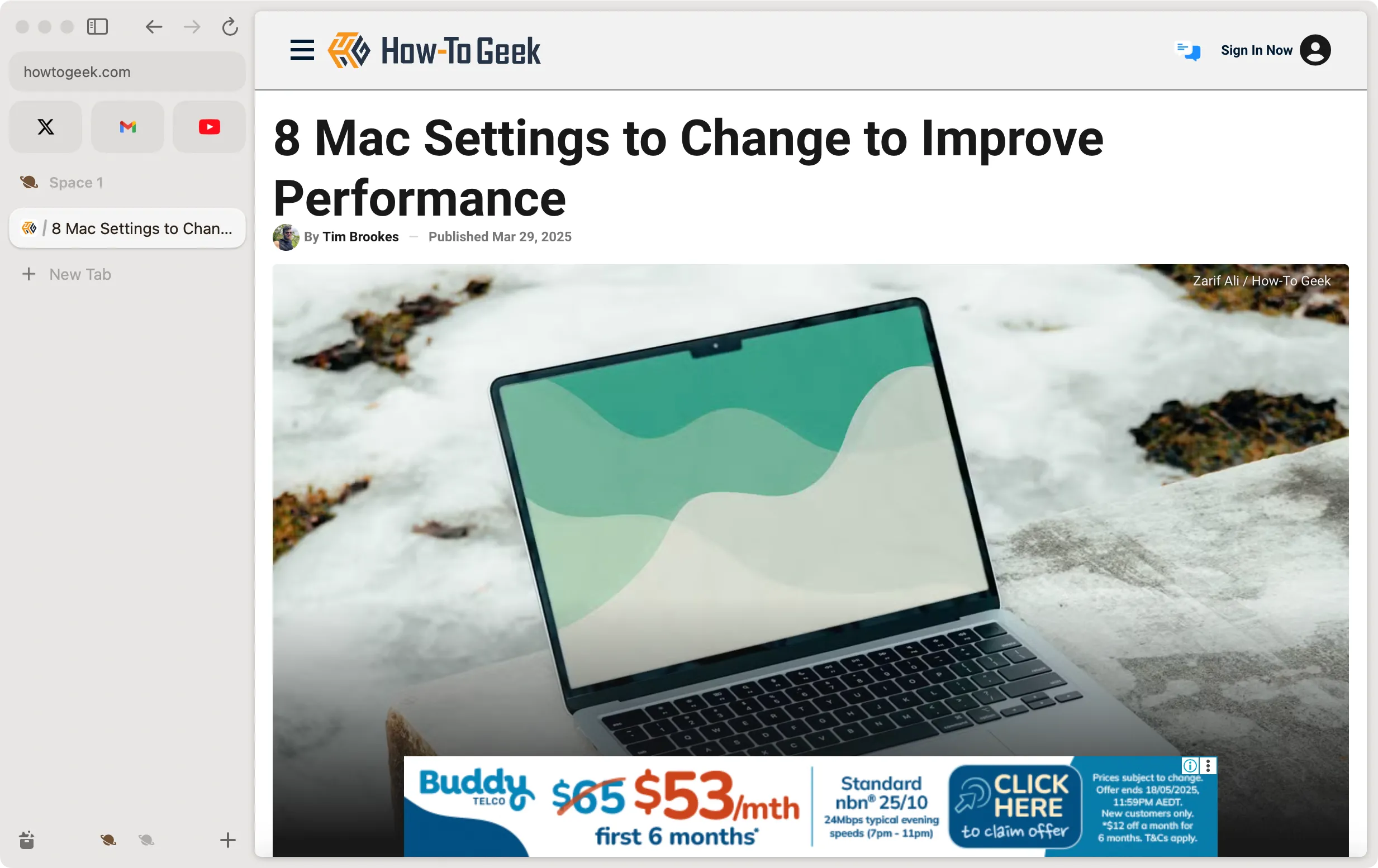 Trình duyệt web Arc với giao diện độc đáo đang chạy trên macOS, hiển thị các tab được ghim và sidebar bên trái.