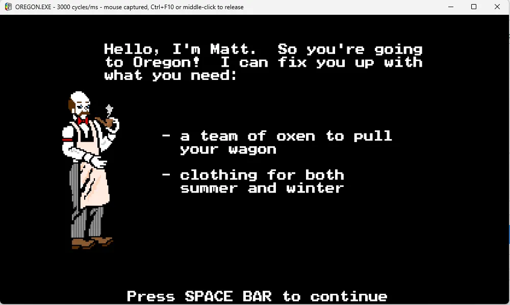 Trò chơi kinh điển The Oregon Trail đang chạy mượt mà trong môi trường giả lập DOSBox Staging