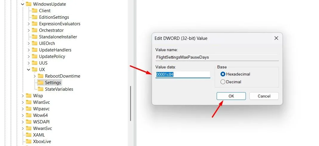 Trường &quot;Dữ liệu giá trị&quot; trong Registry Editor khi chỉnh sửa giá trị FlightSettingsMaxPauseDays