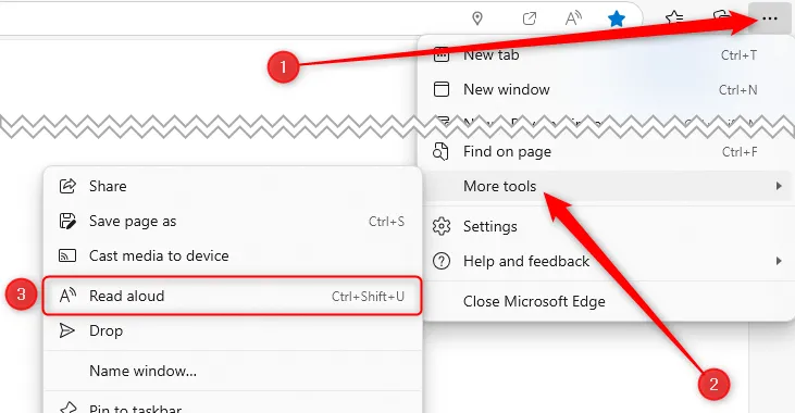 Tùy chọn Đọc to trong Microsoft Edge, truy cập qua menu ba chấm.