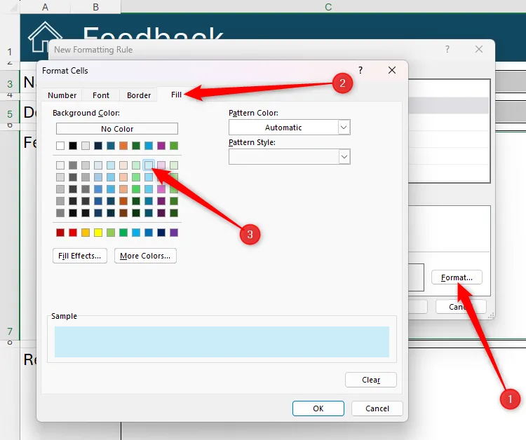 Tùy chọn 'Format' được chọn trong hộp thoại New Formatting Rule của Excel, và màu nền xanh nhạt được chọn trong hộp thoại Format Cells