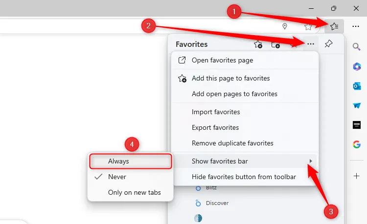 Tùy chọn luôn hiển thị thanh Yêu thích trong Microsoft Edge thông qua menu ba chấm.