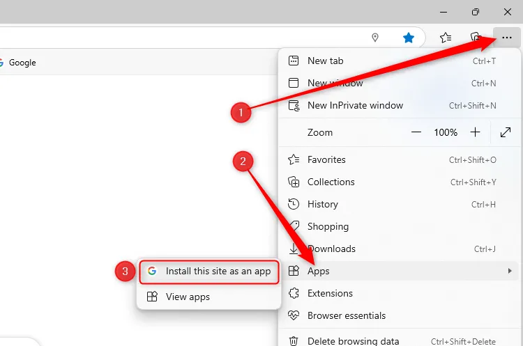 Tùy chọn tải xuống trang web Google làm ứng dụng trong Microsoft Edge.