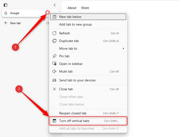 Tùy chọn Tắt Tab Dọc trong Microsoft Edge.