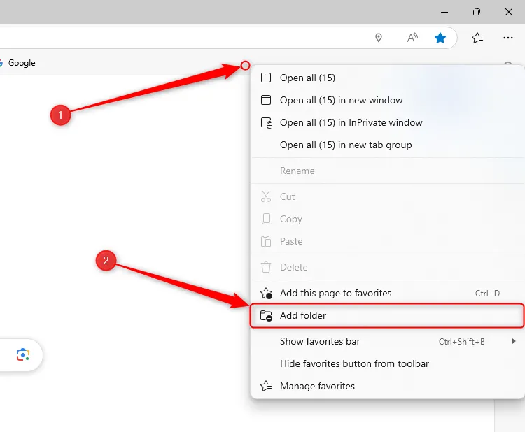 Tùy chọn Thêm Thư mục trong menu chuột phải của thanh Favorites trên Microsoft Edge.