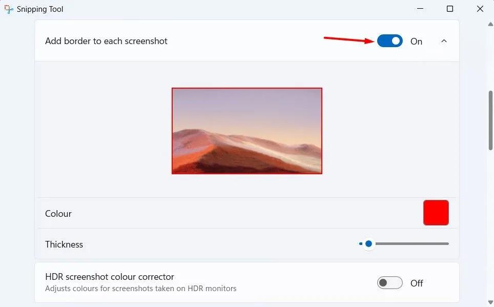 Tùy chọn &quot;Thêm viền vào mỗi ảnh chụp màn hình&quot; trong cài đặt Snipping Tool trên Windows 11.
