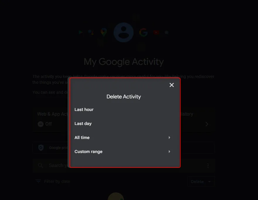 Tùy chọn xóa hoạt động Google theo khoảng thời gian cụ thể trên trang cài đặt.