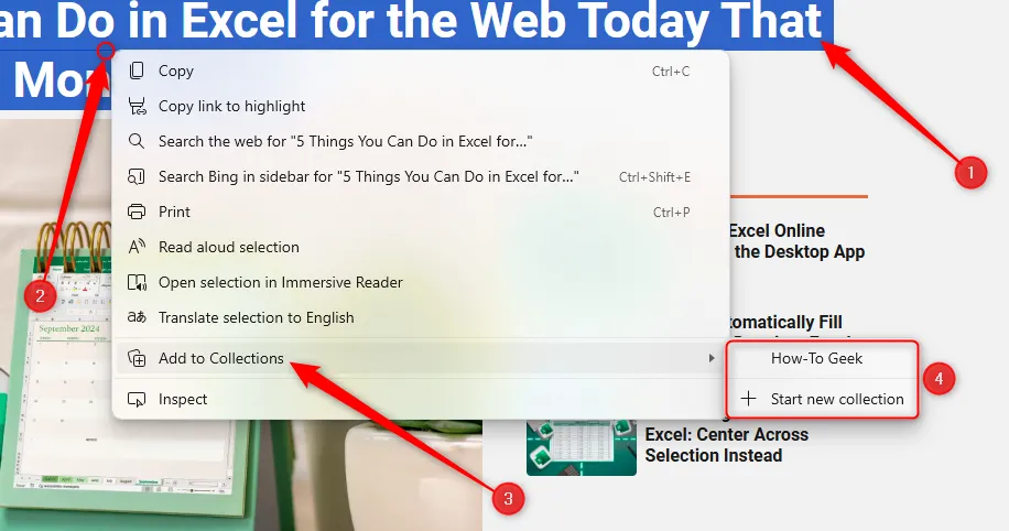 Văn bản trên trang web được chọn, tùy chọn thêm văn bản đó vào Bộ sưu tập trong Microsoft Edge được làm nổi bật.