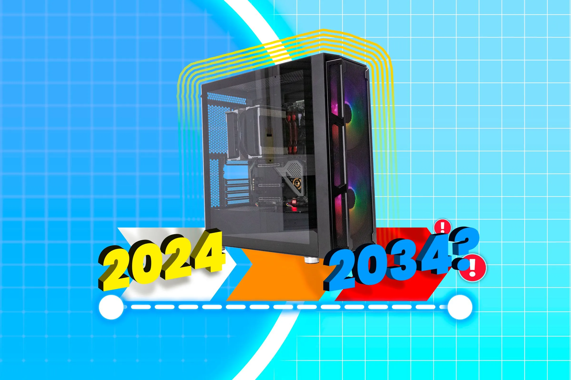 Vỏ máy tính gaming với dòng thời gian 10 năm phía dưới, minh họa quan niệm sai lầm về &quot;tương lai hóa&quot; một dàn PC cho một thập kỷ.