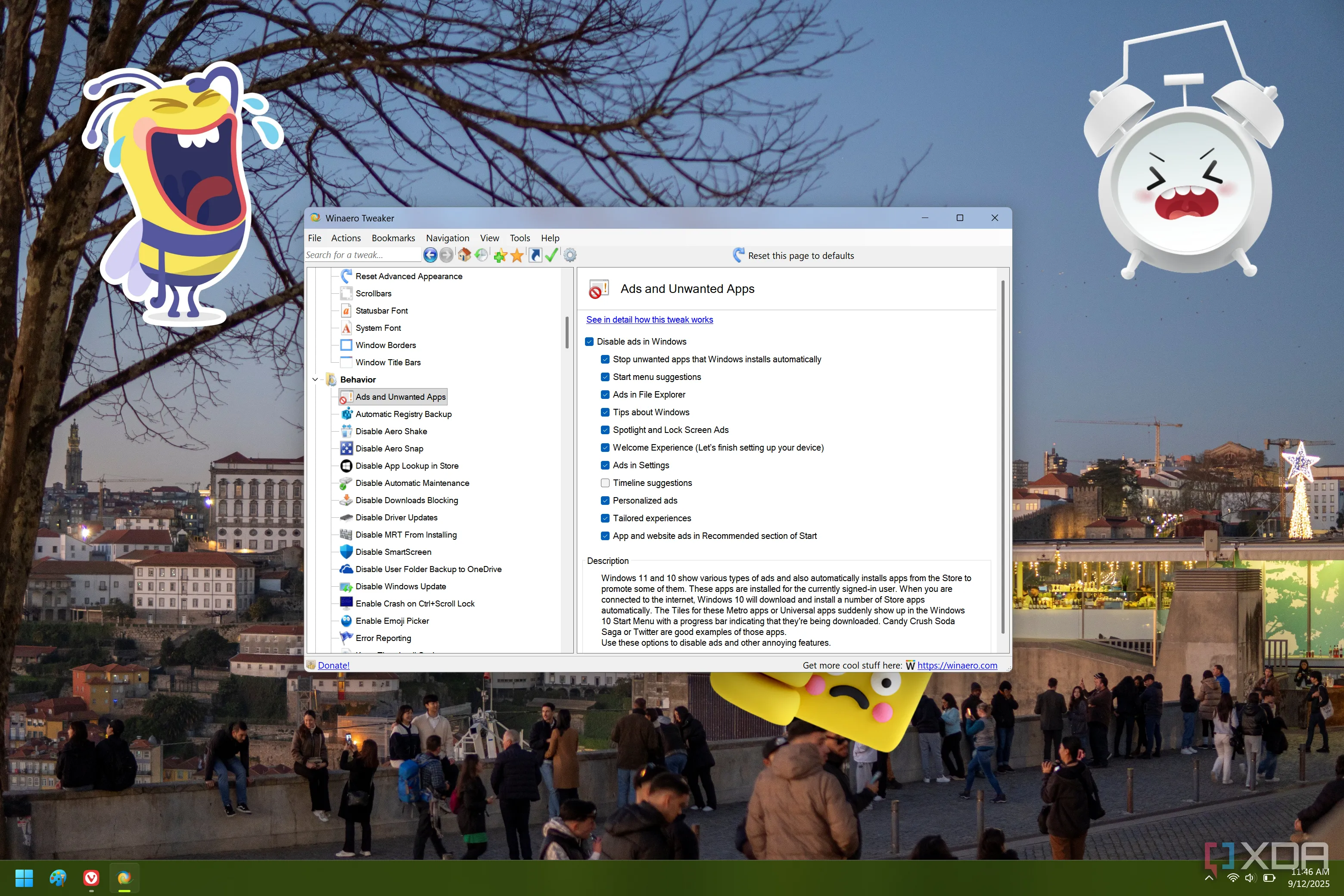 Winaero Tweaker với các tùy chọn đa dạng để tắt quảng cáo và ứng dụng không mong muốn trên Windows 11, mang lại trải nghiệm người dùng sạch sẽ hơn.